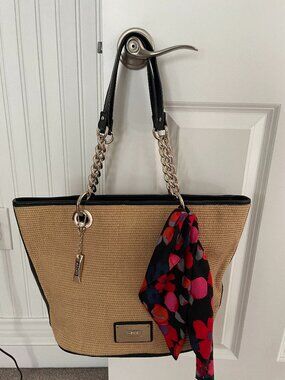 DKNY Large Straw Leather Chain Tote Bag w/ Floral Scarf